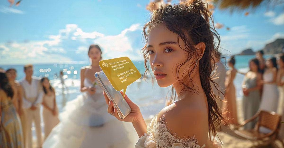 Young woman at beach wedding receiving text message from AI chatbot