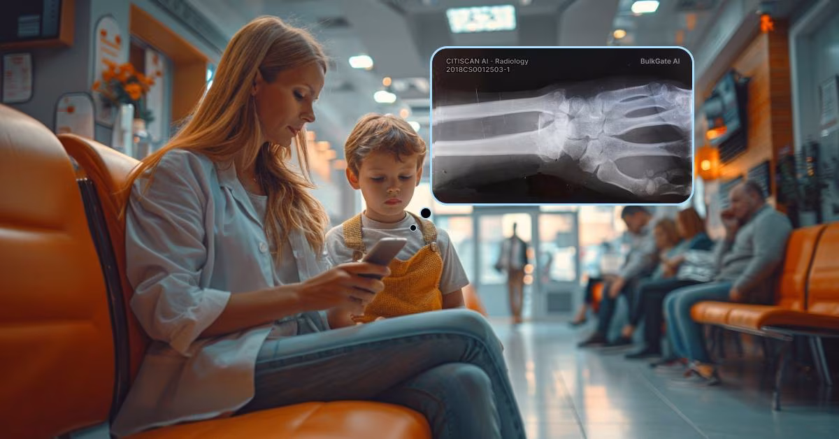 A young mother sitting with her son in a waiting room outside a doctor's office, communicating with an AI chatbot on her smartphone.