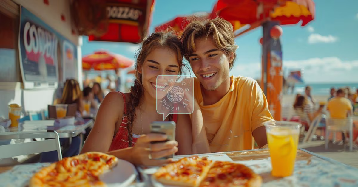 Young pair in front of Domino's pizza restaurant eating pizza watching smartphone and smiling