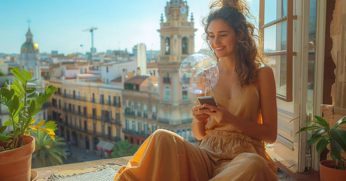 A young woman sitting on a balcony interacting with her phone from whose display emerge holographic symbols of artificial intelligence and e-commerce