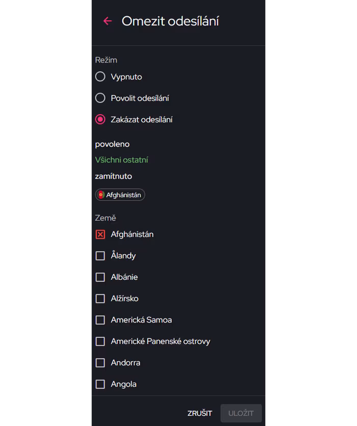 Nastavení omezení odesílání služby BulkGate