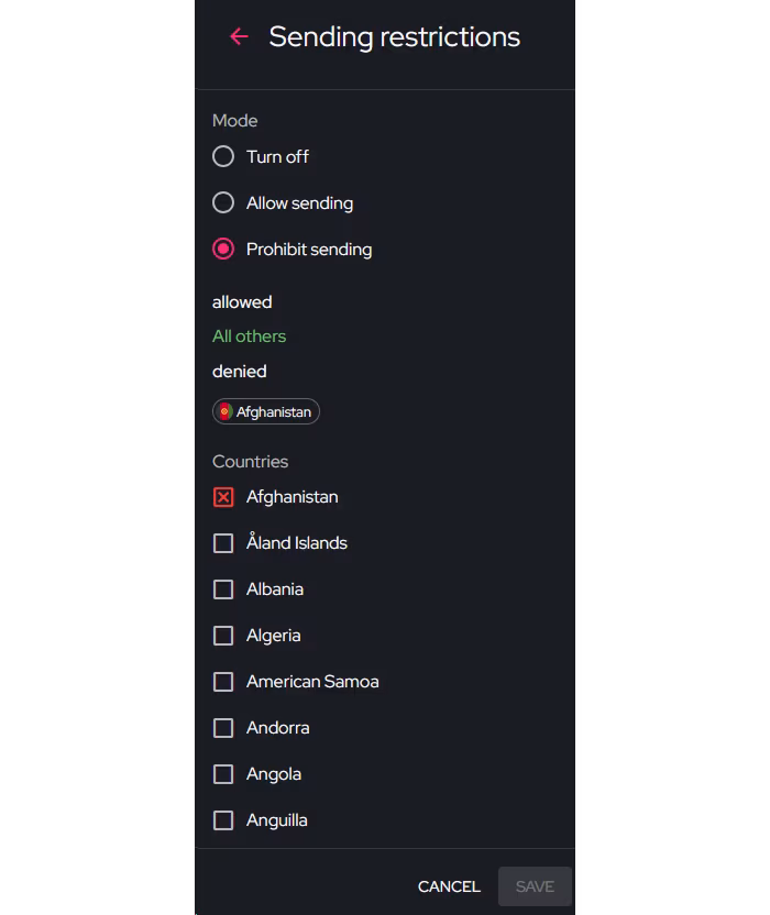 BulkGate sending restrictions settings