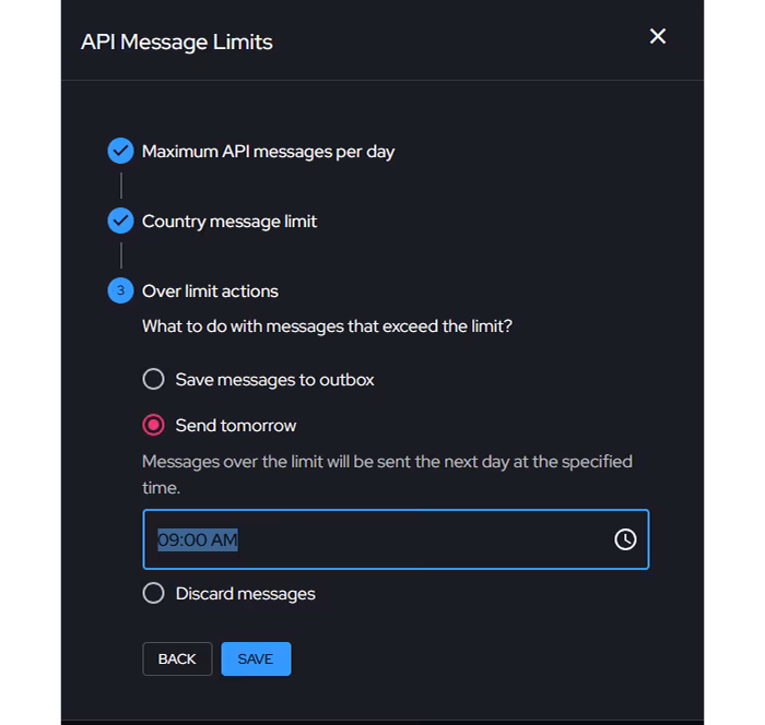 BulkGate API overlimit actions - Send messages tomorrow