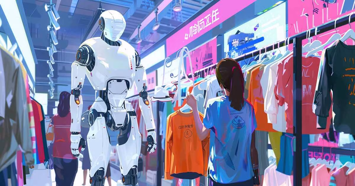 Humanoidní robot s umělou inteligencí pomáhá zákazníkům s výběrem oblečení