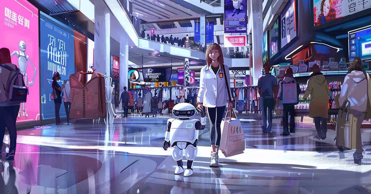 Mladá žena na procházce v obchodním centru s humanoidním robotem