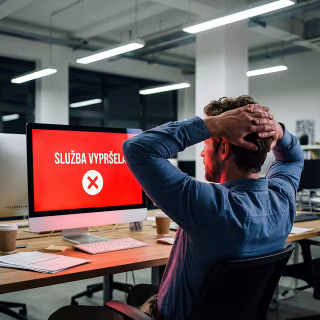 Muž hledí na obrazovku SERVICE EXPIRED, nespolehlivá notifikace způsobila ztrátu služby