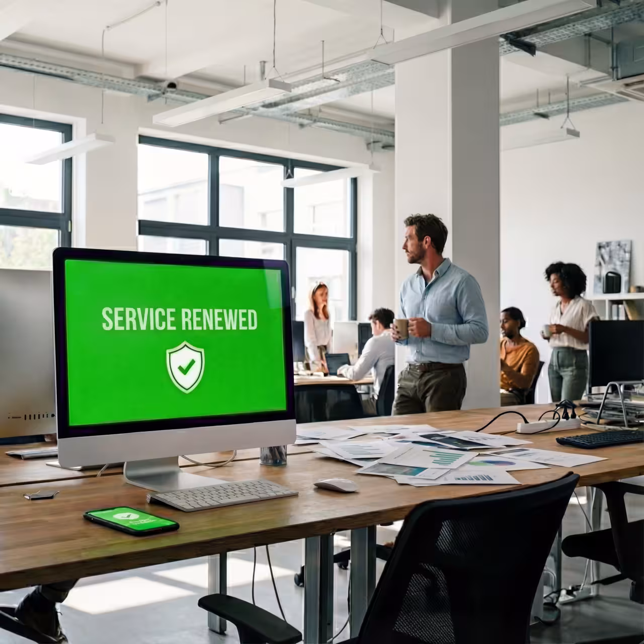 Green SERVICE RENEWED confirmation on screen because reliable SMS reminder ensured renewal