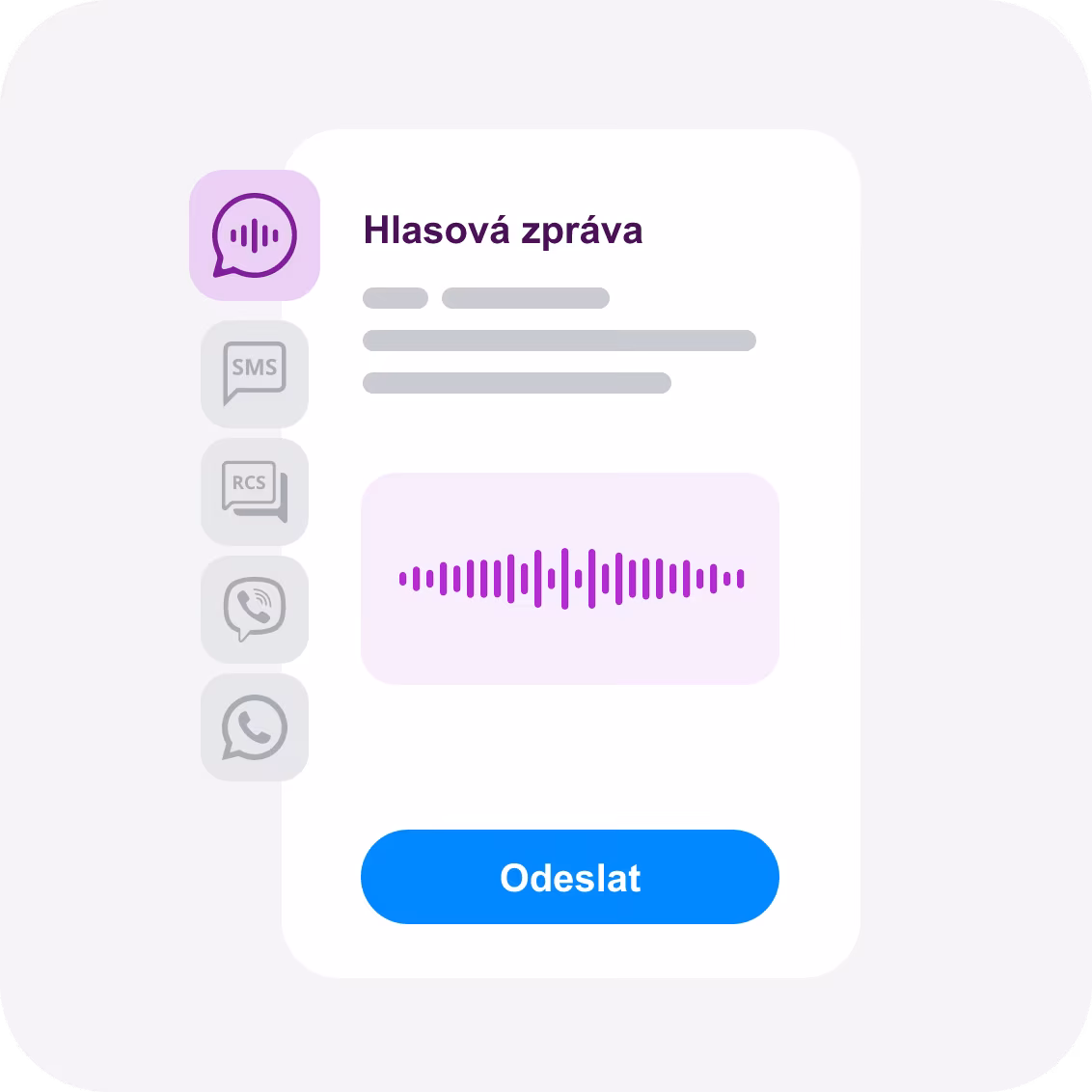 V portáli BulkGate je vybraný kanál Voice popri SMS, RCS, Viberi a WhatsAppe.
