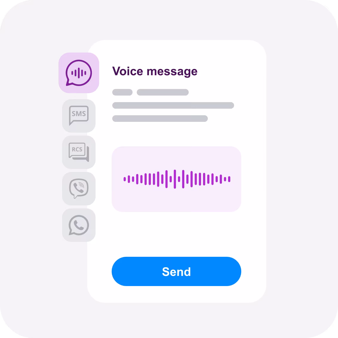 Voice selected in the BulkGate portal, alongside SMS, RCS, Viber and WhatsApp.